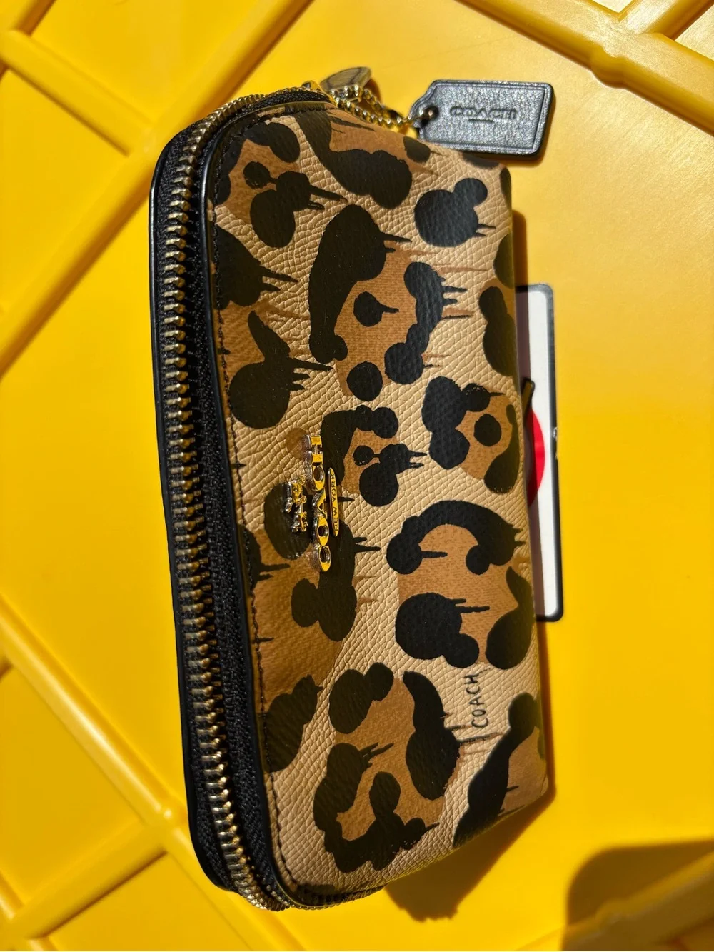 Coach Leopard Zip Wallet in Tan and Black with Gold Hardware